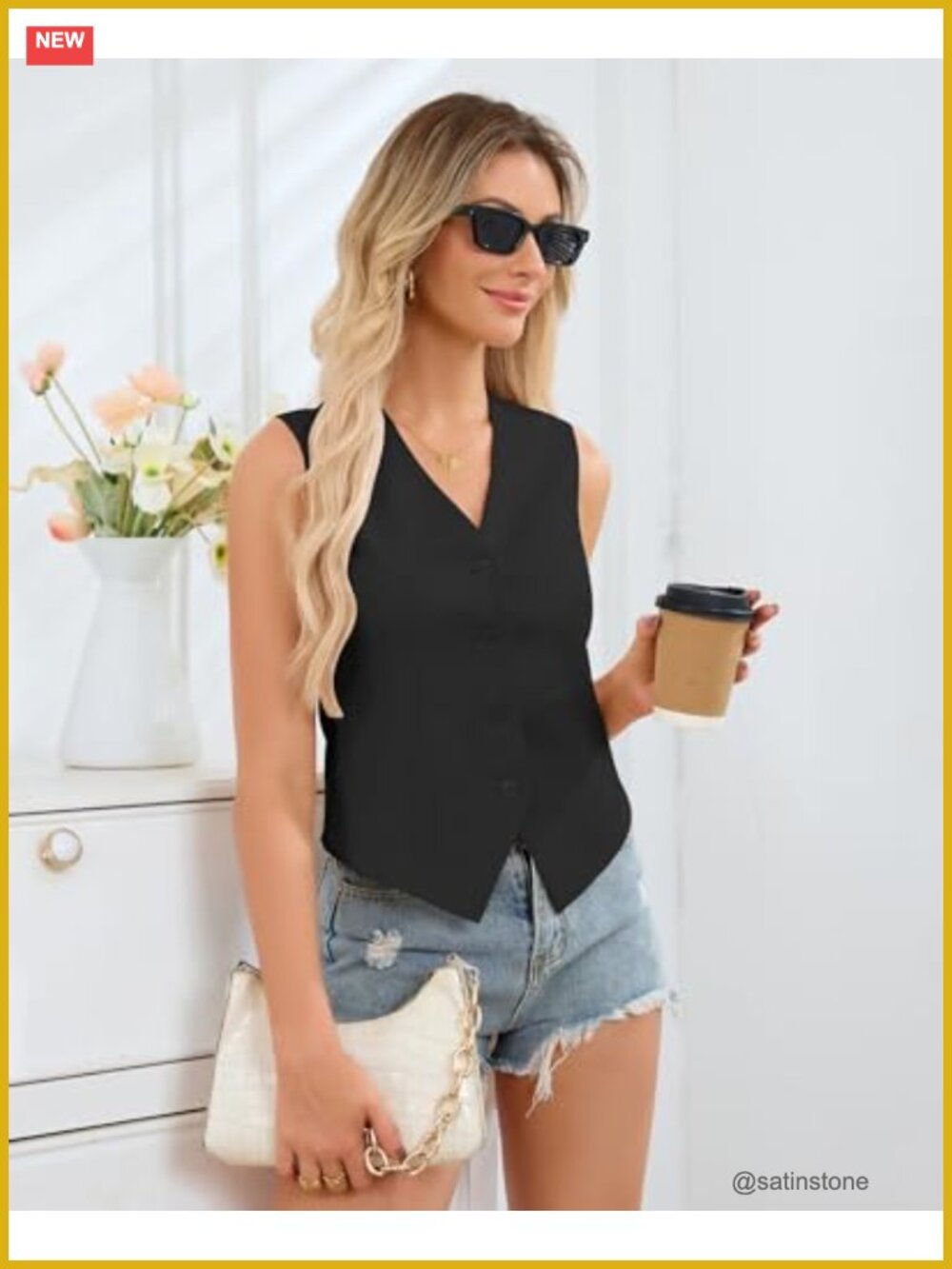 Sleeveless V Neck Button Down Summer Vest Business Casual Fitted Waistcoat - Picture 3 of 6